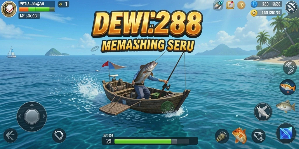 Screenshot utama DEWI288 menampilkan aksi memancing yang mendebarkan di lautan.