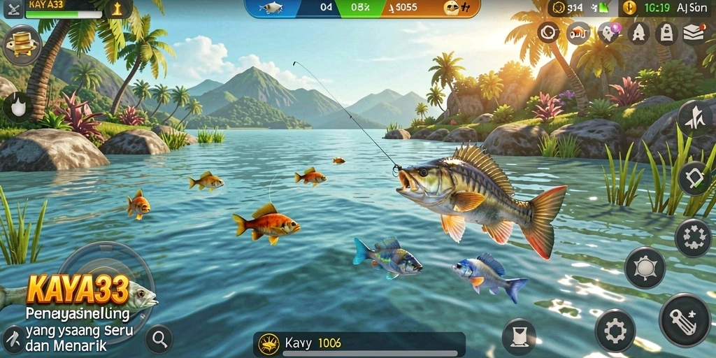 Tampilan gameplay KAYA33 yang menarik saat memancing ikan di danau.