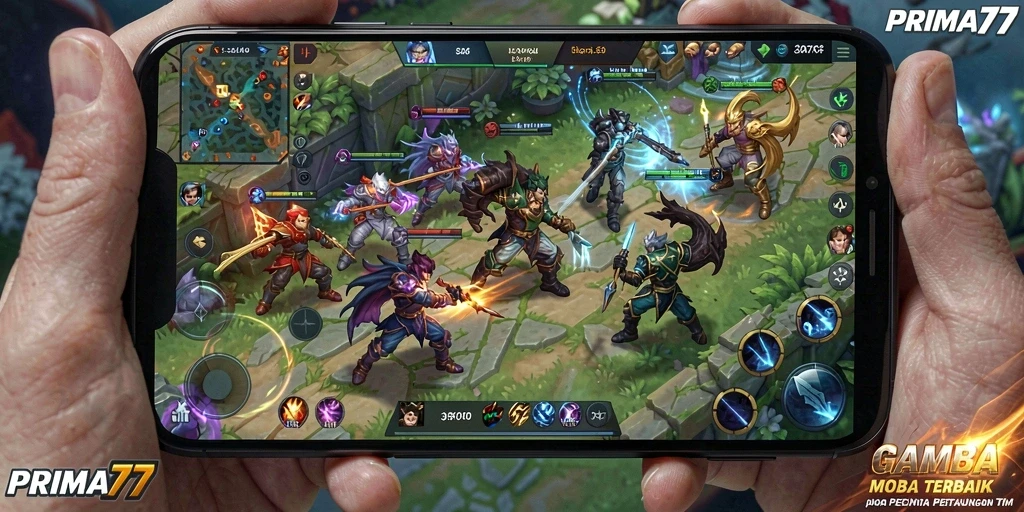 Tangkapan layar permainan MOBA PRIMA77 yang penuh aksi.
