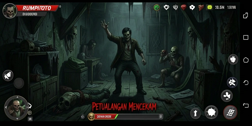 Screenshot utama RUMPITOTO menampilkan suasana kegelapan yang menakutkan.