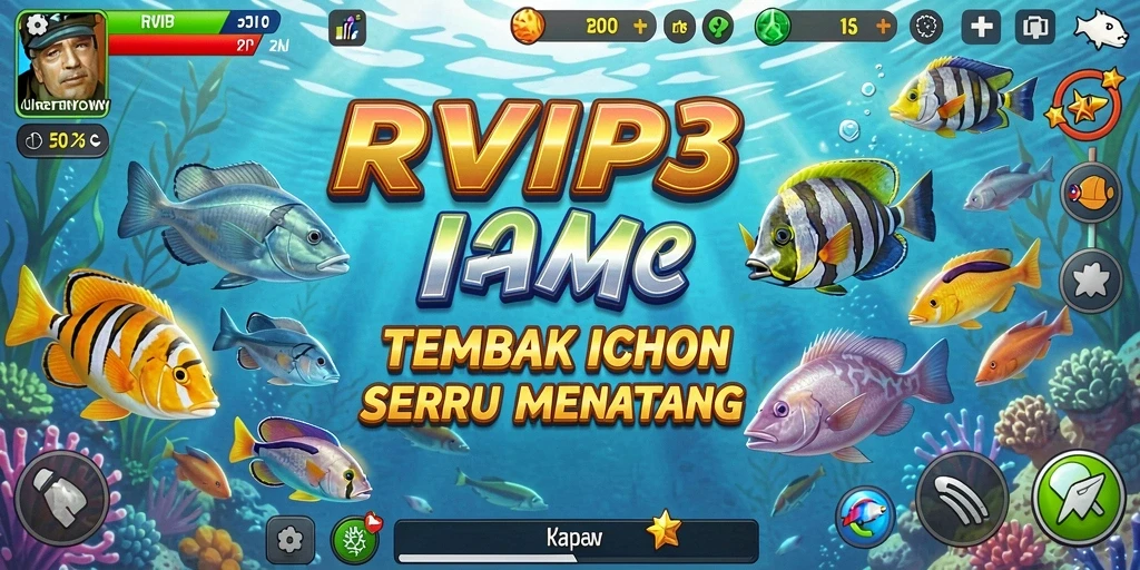 Tangkapan layar utama RVIP3 menampilkan aksi menembak ikan yang seru.
