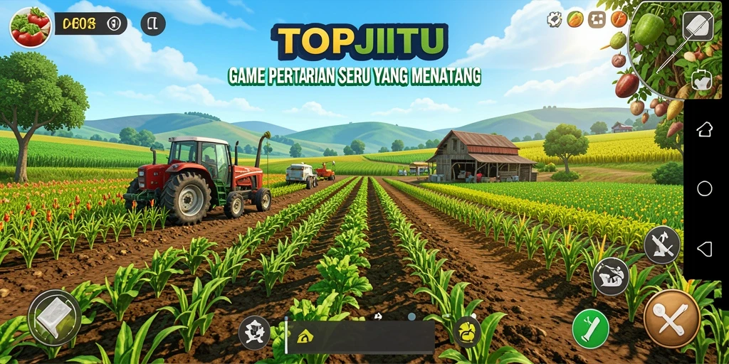 Screenshot utama TOPJITU menampilkan aksi bertani yang seru dan menarik.