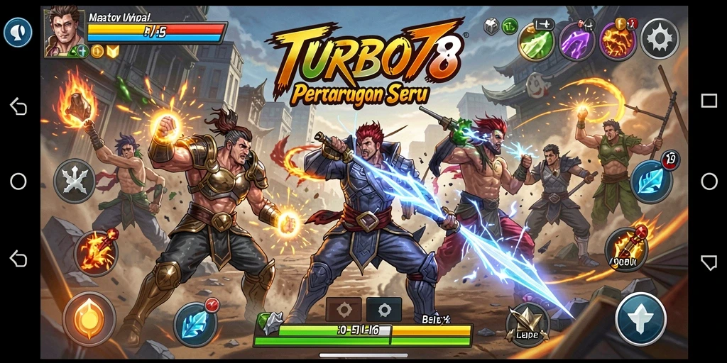 Screenshot gameplay TURBO78 menampilkan pertarungan dramatis dan karakter yang dinamis.