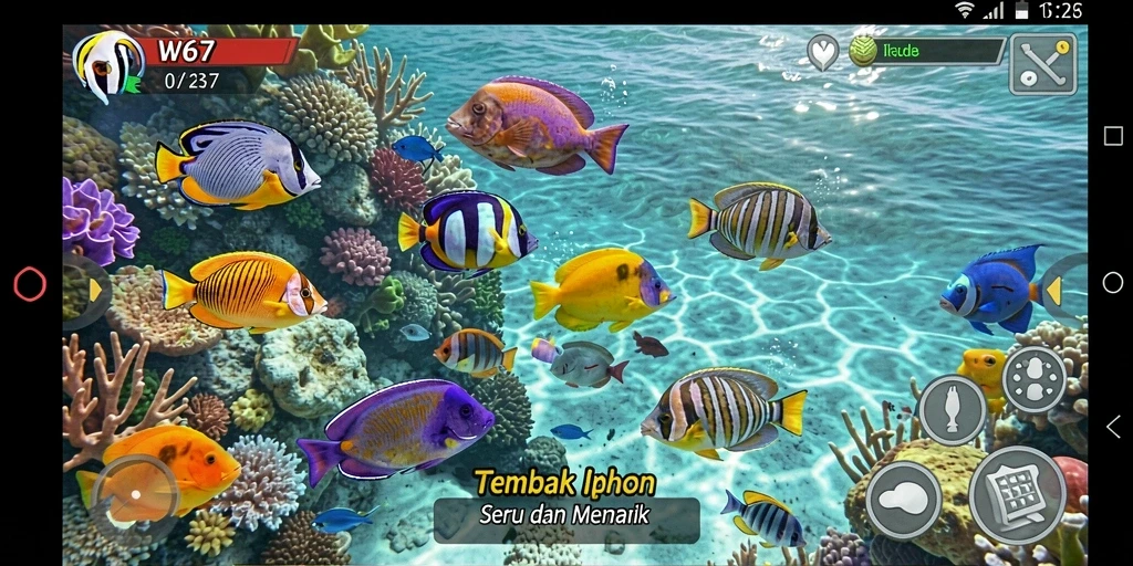 Tampilan gameplay W67 saat menembak berbagai ikan yang berwarna-warni.